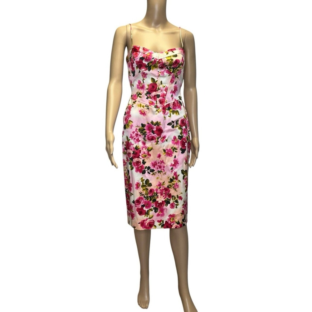 Y2K David Meister‎ Corset Rose Midi Dress sz 2 Pink Cocktail Sweetheart Pin Up